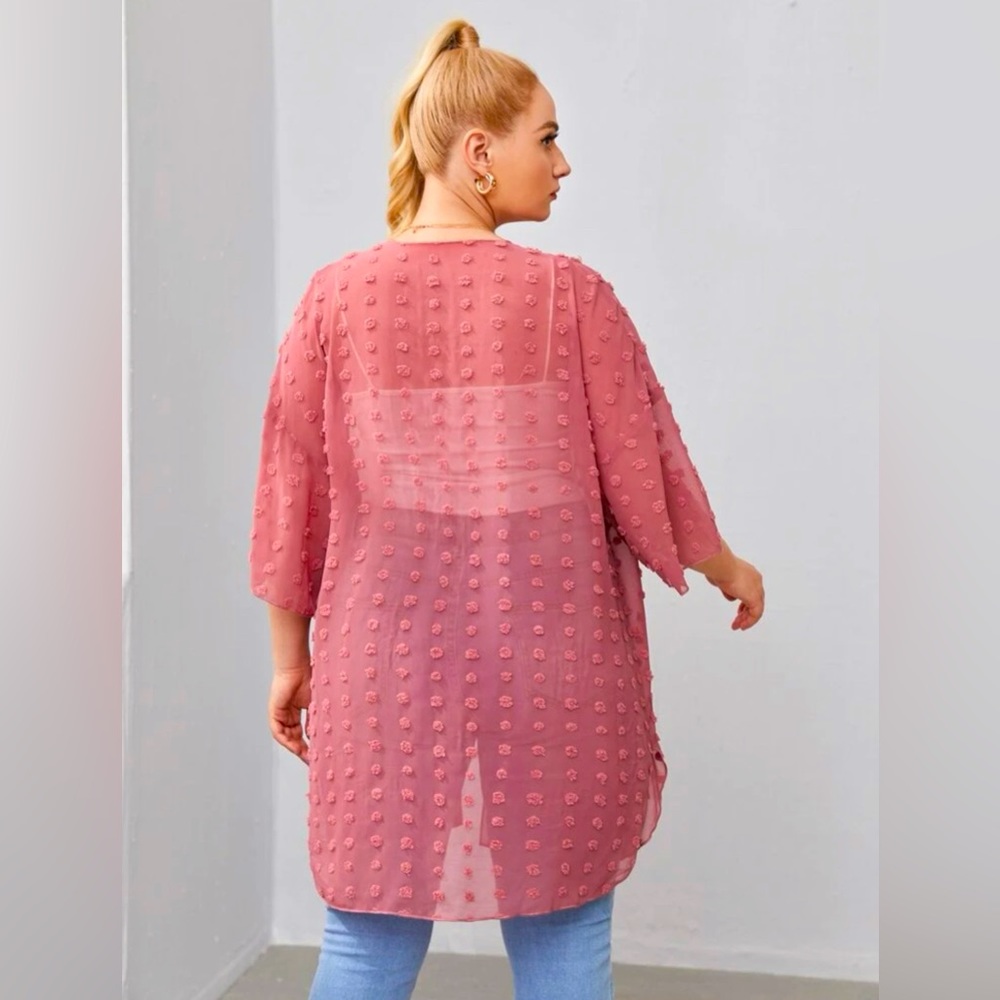 Plus Drop Shoulder Curved Hem Swiss Dot Kimono - Picture 3 of 4